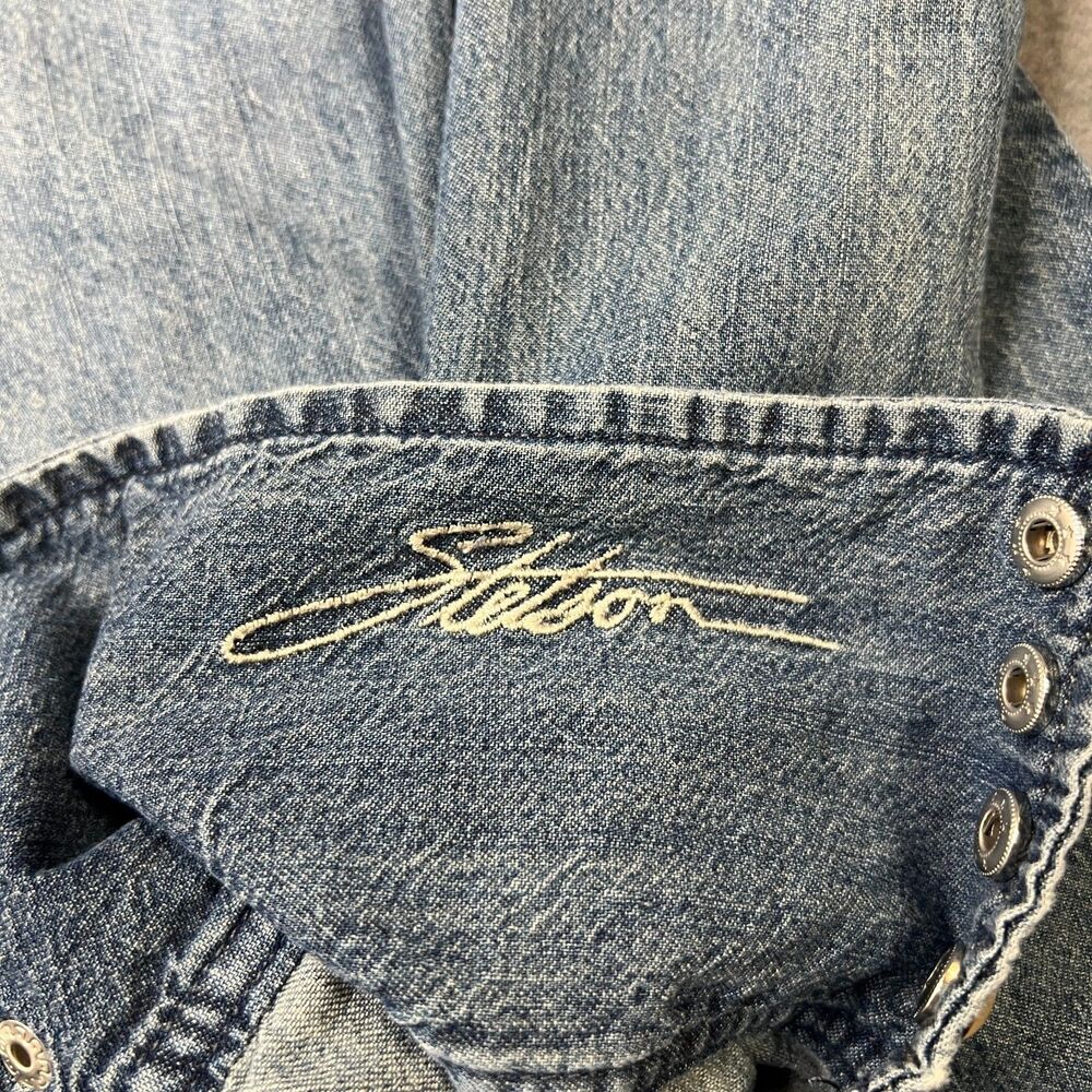 Stetson Denim Shirt Womens Large Blue 100% Cotton Long Sleeve Classic Pearl Snap - Picture 6 of 11